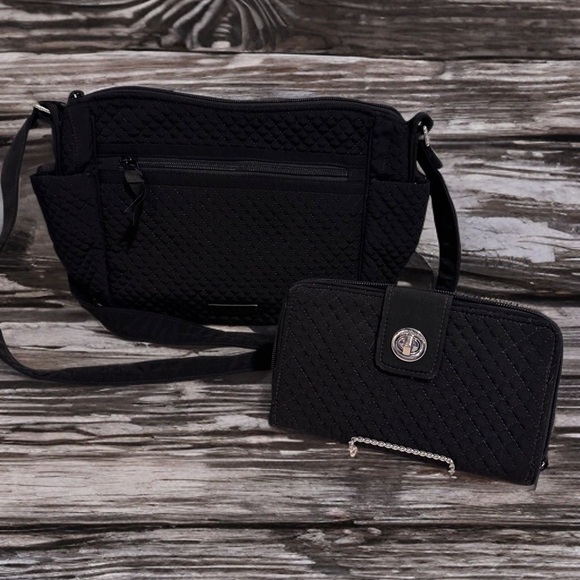 Vera Bradley Handbags - Set Vera Bradley On The Go Crossbody Purse Black, B&W Lining, & Matching Wallet